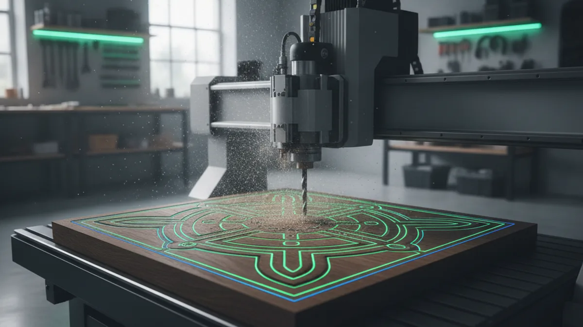 CNC router cutting a geometric design into a wooden board