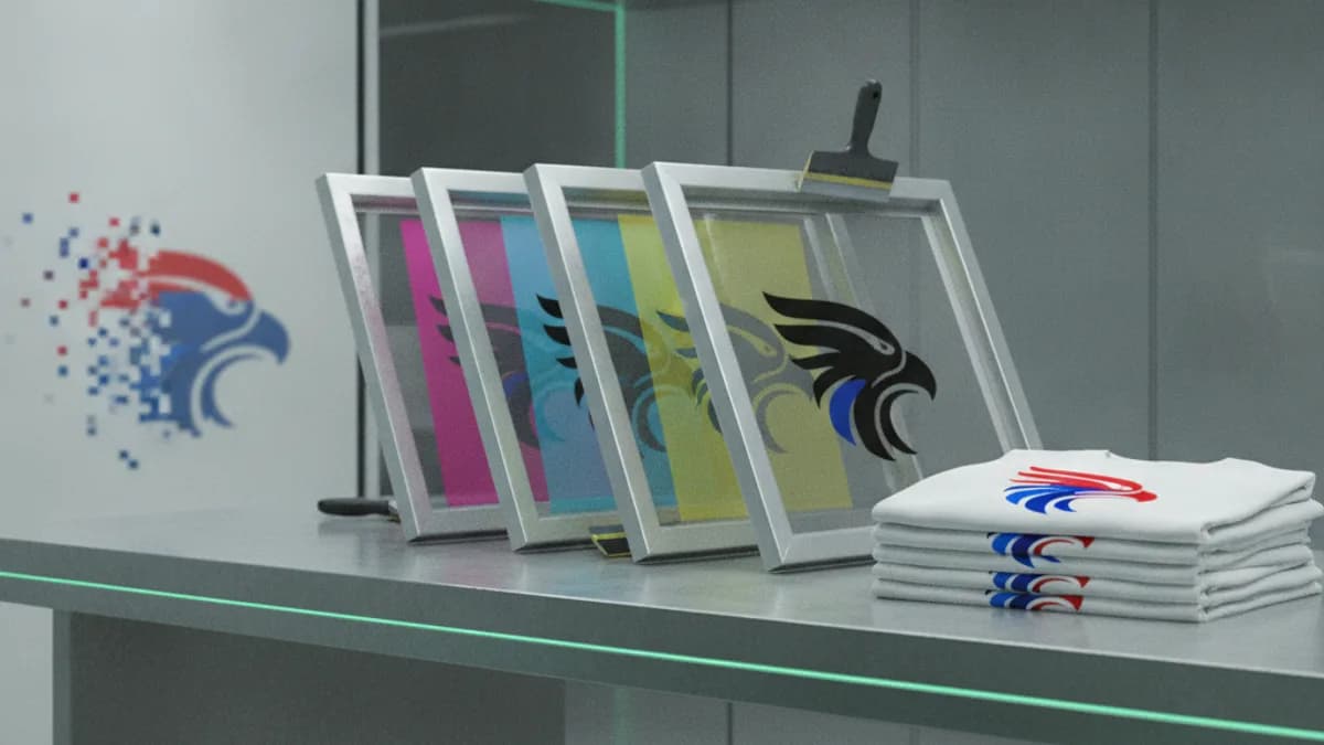 Screen printing frames with an eagle design next to a stack of printed t-shirts