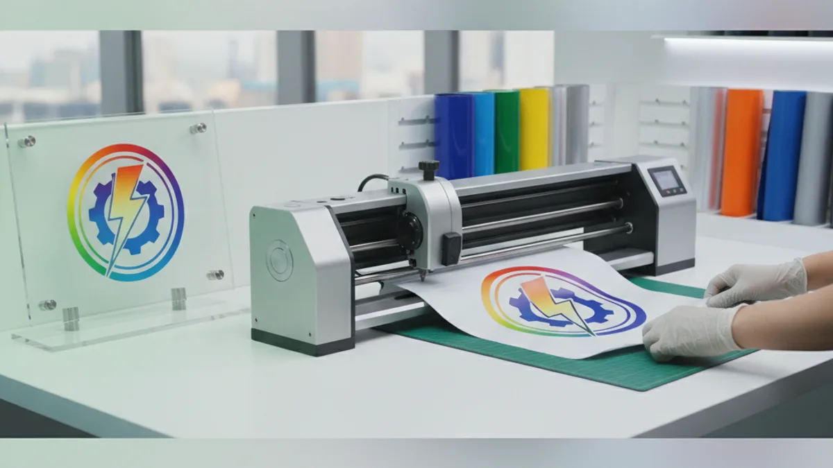 Vinyl cutter cutting a multicolor logo decal, with vinyl rolls in the background