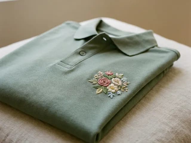 A green polo shirt with a small embroidered flower