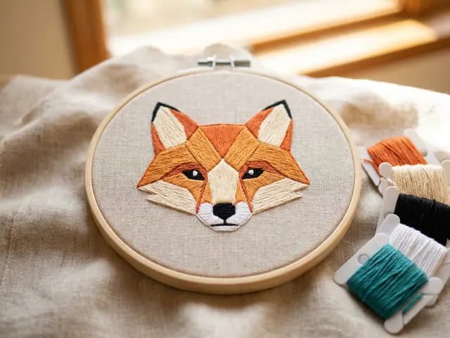 A fox design embroidered in a hoop