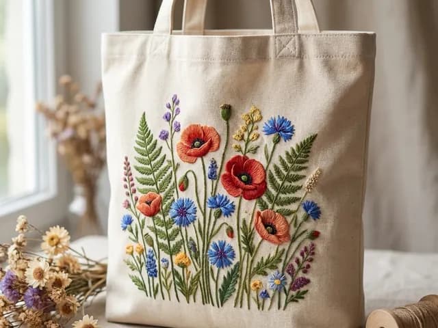 A canvas tote bag with embroidered wild flowers