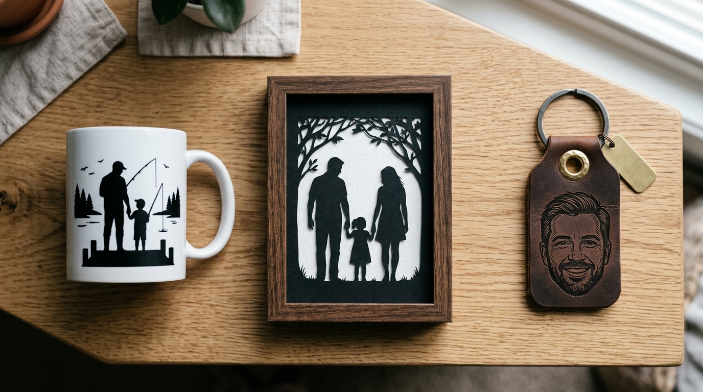 Finished Father's Day gifts: mug decal, framed papercut, engraved keychain