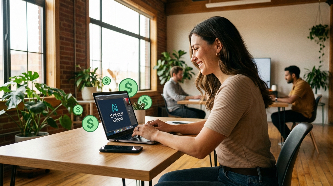 Small business owner using AI design tools