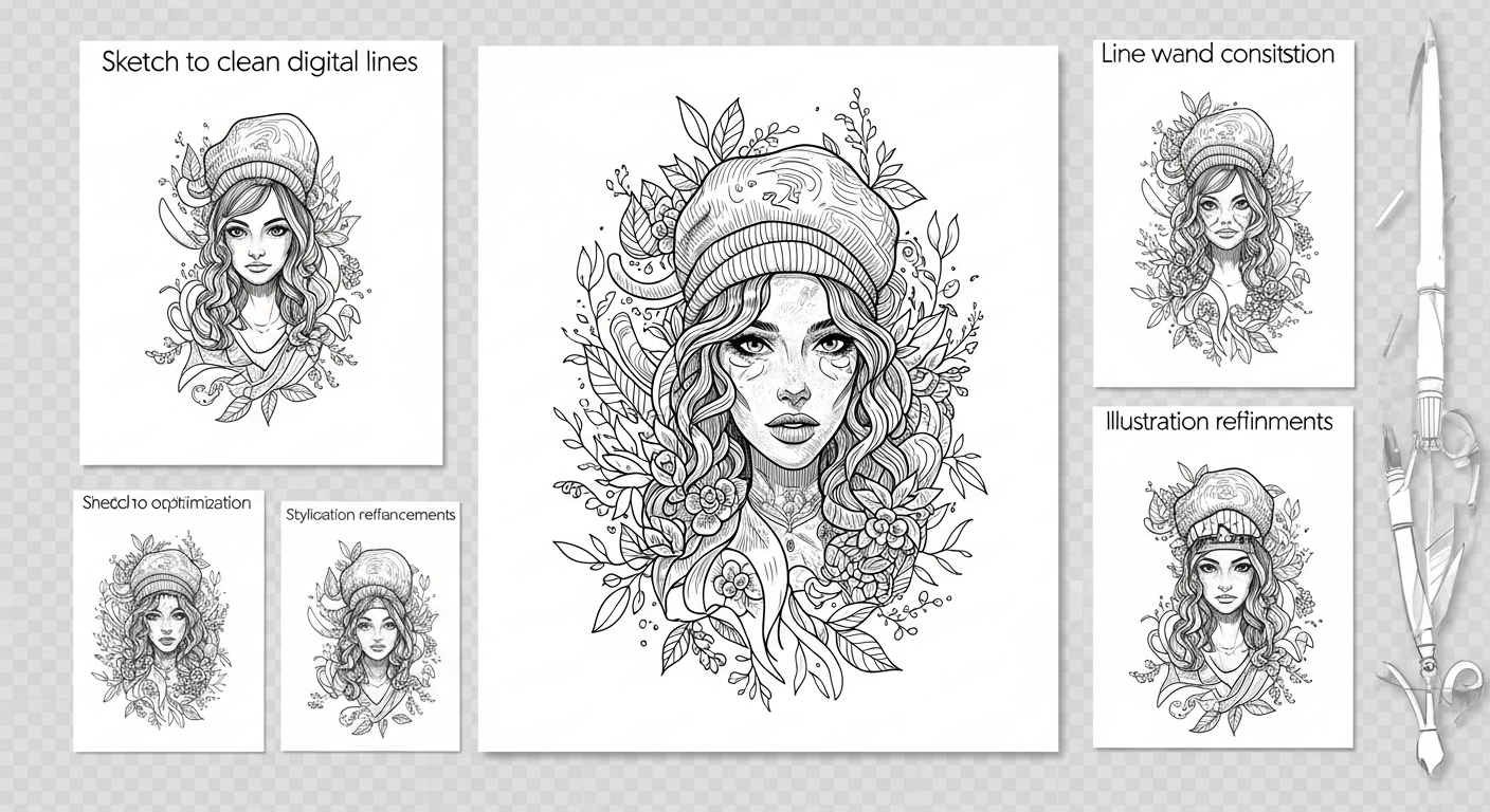 Line art sketch being vectorized with clean SVG path output