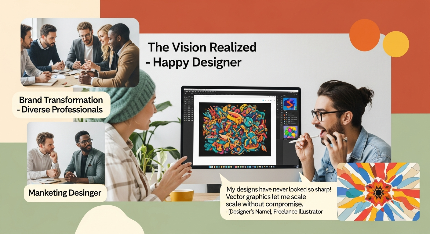 Designers collaborating on visual assets with VectoSolve